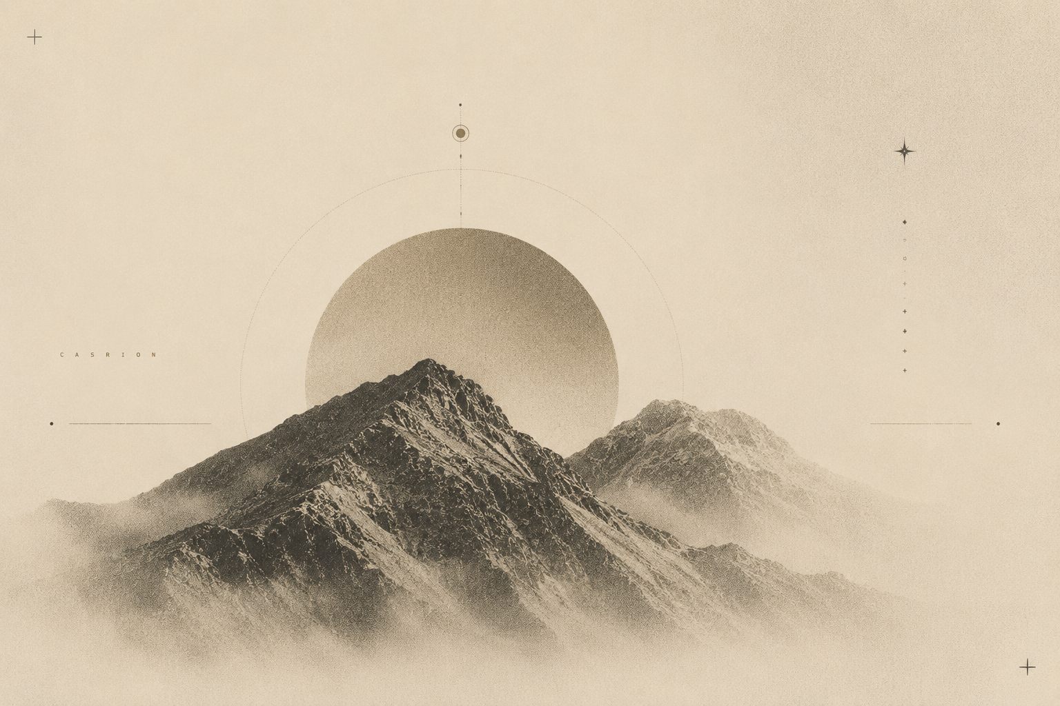 Sepia field study of a mountain, with a captured note pinned over it